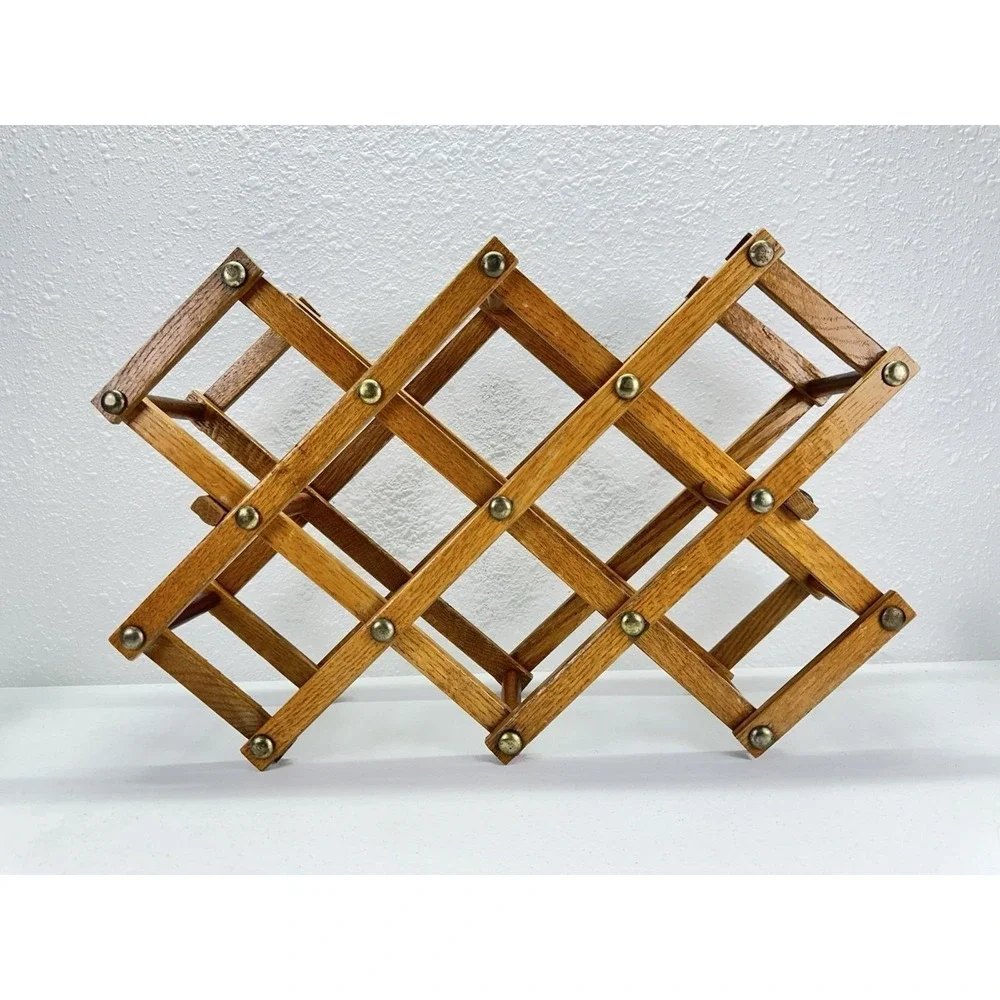 Vintage Expandable Wooden Wine Rack Accordion Style Oak Brass Tone Rivets MCM
